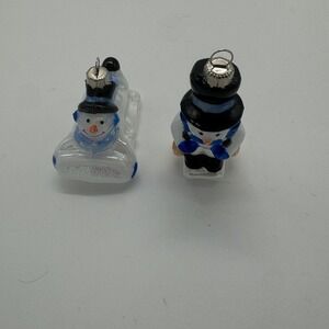 Vintage 2001 Target Snowman Glass Christmas Ornaments Set of 2 Sledding Broom